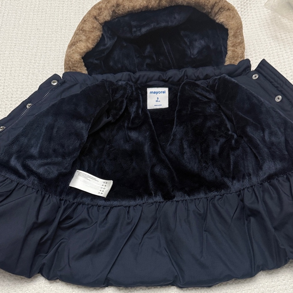 Mayoral Dark Blue Puffer Jacket with Brown Trim - Picture 4 of 5